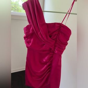 Pink one shoulder strapless cocktail mini dress with ruching